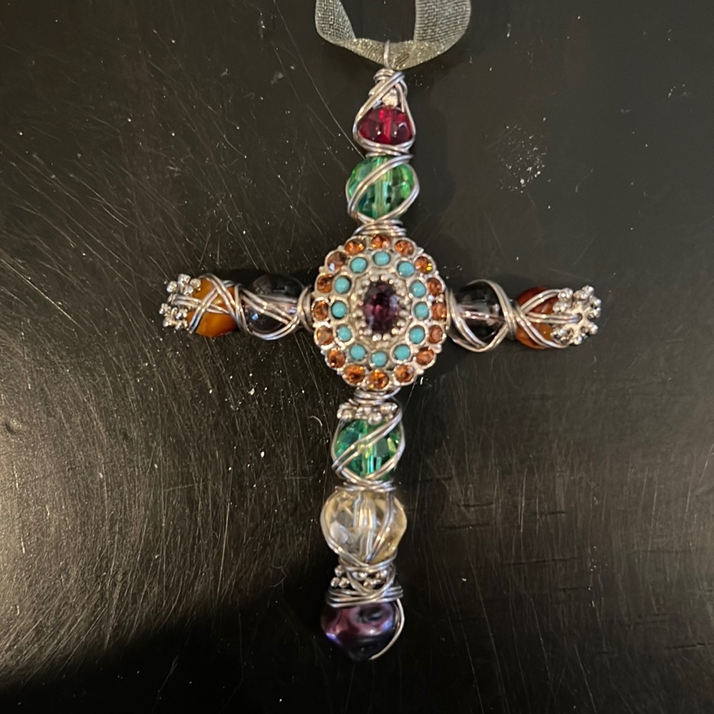 Fabulous multicolored stone and wire cross.